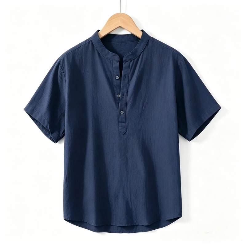 Linen Shirt Breathable - เสื้อยืดแขนสั้นผู้ชายสำหรับฤดูร้อน สีพื้น คอตั้ง ทรงโอเวอร์ไซส์ ระบายอากาศได้ดี ทรงหลวม