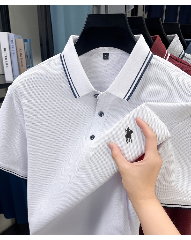 Polo Shirt Pique - เสื้อโปโลคอปกลายทางสำหรับฤดูร้อน ผ้าฝ้ายปิเก้ระบายอากาศได้ 100% เสื้อแขนสั้นสีพื้นสไตล์ลำลองสำหรับธุรกิจ