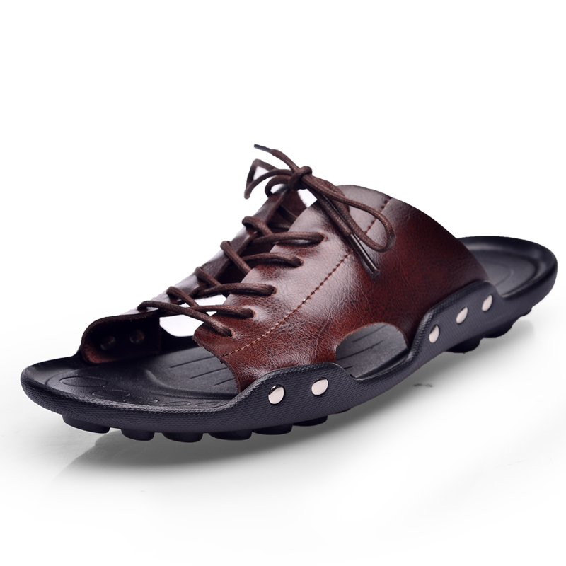Flip Flop Leather Men - รองเท้าแตะผู้ชาย Summer Tide แฟชั่นสไตล์อังกฤษ รองเท้าหนังวัวแท้ รองเท้าแตะชายหาดแบบสวมสบาย