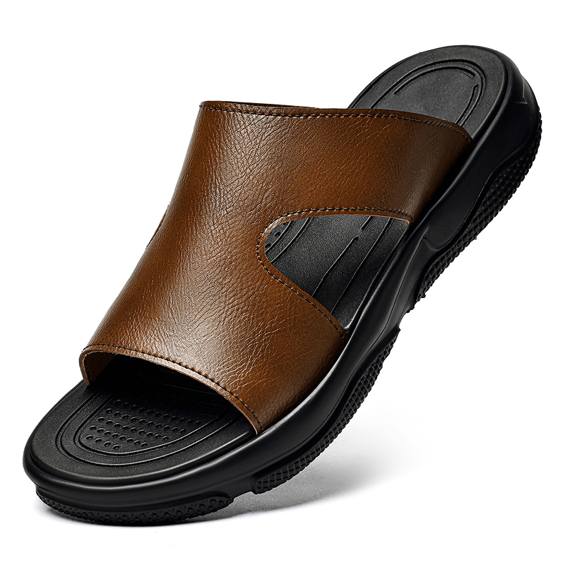 Flip Flop Leather Men - รองเท้าแตะหนังผู้ชาย พื้นหนากันลื่น รองเท้าลำลอง รองเท้าชายหาดฤดูร้อน รองเท้ากลางแจ้ง ระบายอากาศได้ดี