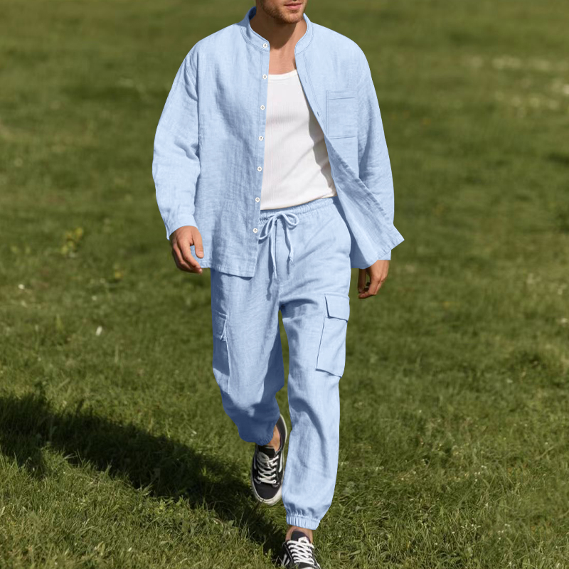 Linen Shirt Breathable - ชุดเซ็ตผ้าลินินระบายอากาศสำหรับผู้ชาย 2 ชิ้น เสื้อคอตั้งแขนยาวและกางเกงทำงาน ชุดลำลองชายหาดฤดูร้อน