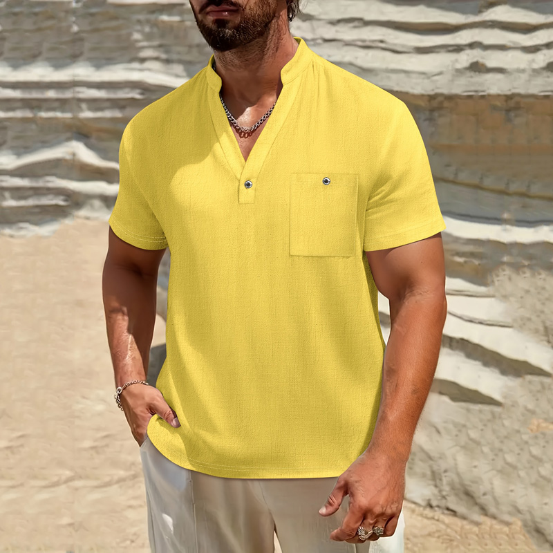 Linen Shirt Breathable - เสื้อเชิ้ตแขนสั้นคอปกผ้าฝ้ายลินินสำหรับผู้ชาย กระดุมติดกระเป๋าหน้าอก สวมใส่สบาย ระบายอากาศได้ดี เหมาะสำหรับฤดูร้อน ชายหาด