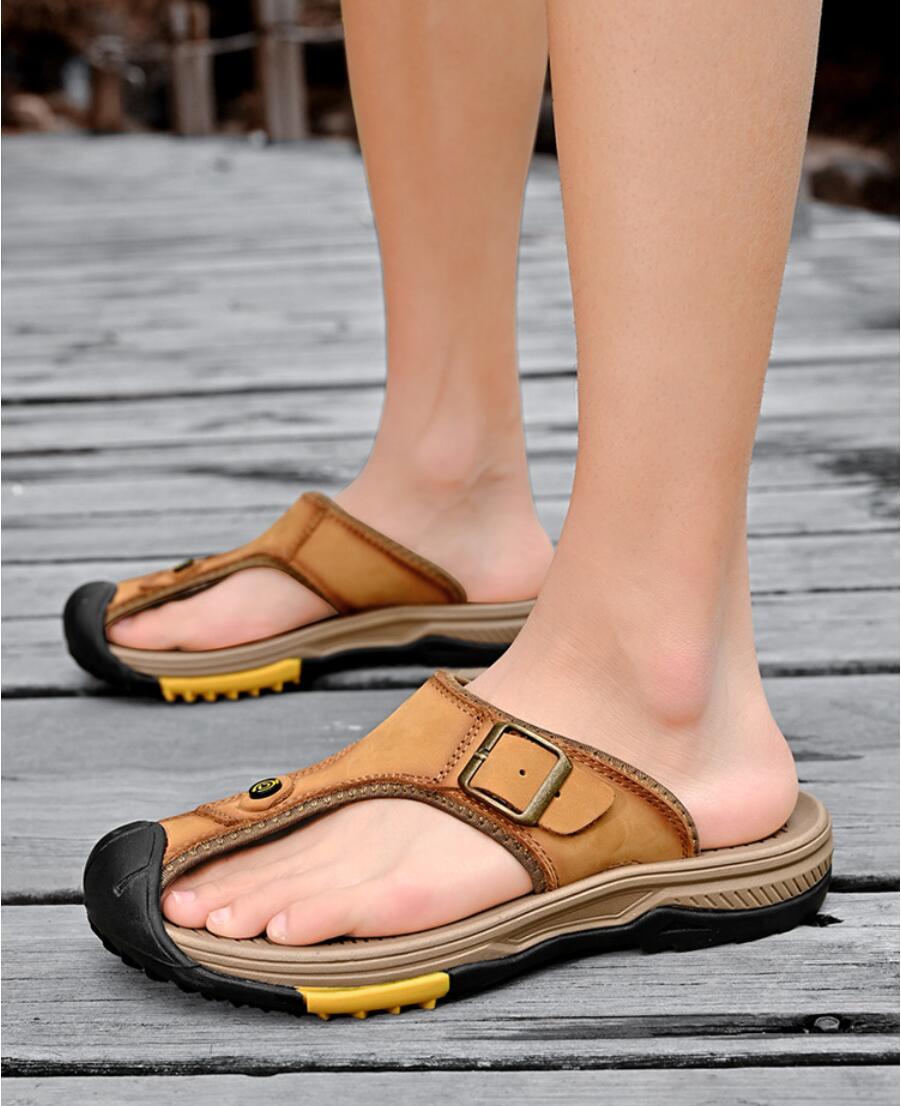 Flip Flop Leather Men - รองเท้าแตะหนังแท้ผู้ชายรองเท้าฤดูร้อนระบายอากาศได้ดีผู้ชายกันน้ำกลางแจ้งผู้ชายรองเท้าแตะป้องกันการลื่นไถลรองเท้าแตะชายหาดรองเท้า