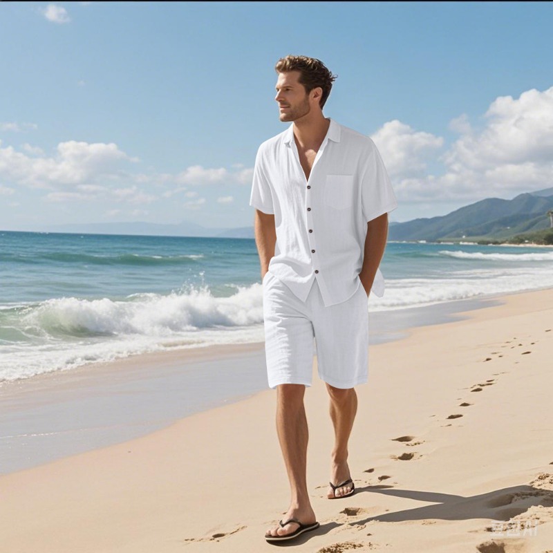 Linen Shirt Breathable - ชุดเสื้อเชิ้ตคอปกผ้าลินินผสมและกางเกงขาสั้นสำหรับผู้ชาย ชุดลำลองสองชิ้น ระบายอากาศได้ดี เหมาะสำหรับวันหยุดพักผ่อนที่ชายหาด ชุดฤดูร้อน