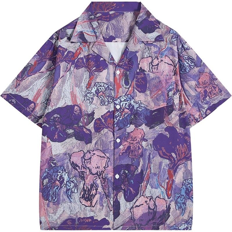 Resort Shirt Floral - เสื้อเชิ้ตแขนสั้นคอกลมพิมพ์ลายดอกไอริสสีม่วงสไตล์วินเทจ ลายศิลปะนามธรรม พิมพ์เต็มตัว ทรงโอเวอร์ไซส์ สำหรับทั้งชายและหญิง เหมาะสำหรับใส่ไปเที่ยวพักผ่อน