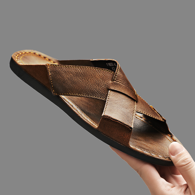Flip Flop Leather Men - รองเท้าแตะหนังแท้แฟชั่นสำหรับผู้ชาย รองเท้าแตะลำลองสำหรับฤดูร้อน รองเท้าชายหาดกลางแจ้ง คุณภาพสูง รองเท้าลำลองใส่สบาย