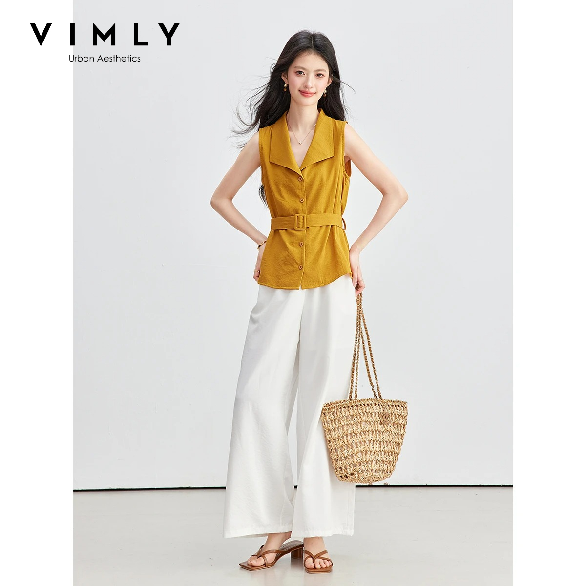 Shirt Camp Collar - VIMLY ชุดสูทฤดูร้อนสำหรับผู้หญิง 2026 เสื้อแขนกุดสีขาว กางเกงขากว้างเก้าส่วน ชุด