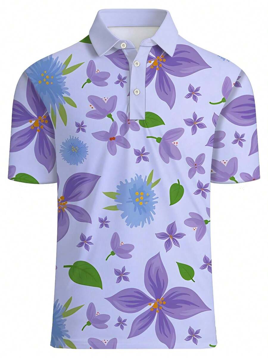 Polo Shirt Pique - เสื้อเชิ้ตพิมพ์ลายดอกไม้สำหรับผู้ชาย แขนสั้น สไตล์ลำลอง สำหรับฤดูร้อนและกิจกรรมกลางแจ้ง