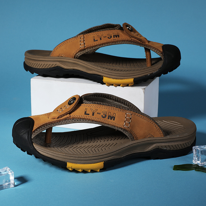 Flip Flop Leather Men - รองเท้าแตะหนังแท้ผู้ชายแบบใหม่ ดีไซน์ทันสมัย กันลื่น เหมาะสำหรับใส่ไปชายหาด สวมใส่สบาย ทนทาน