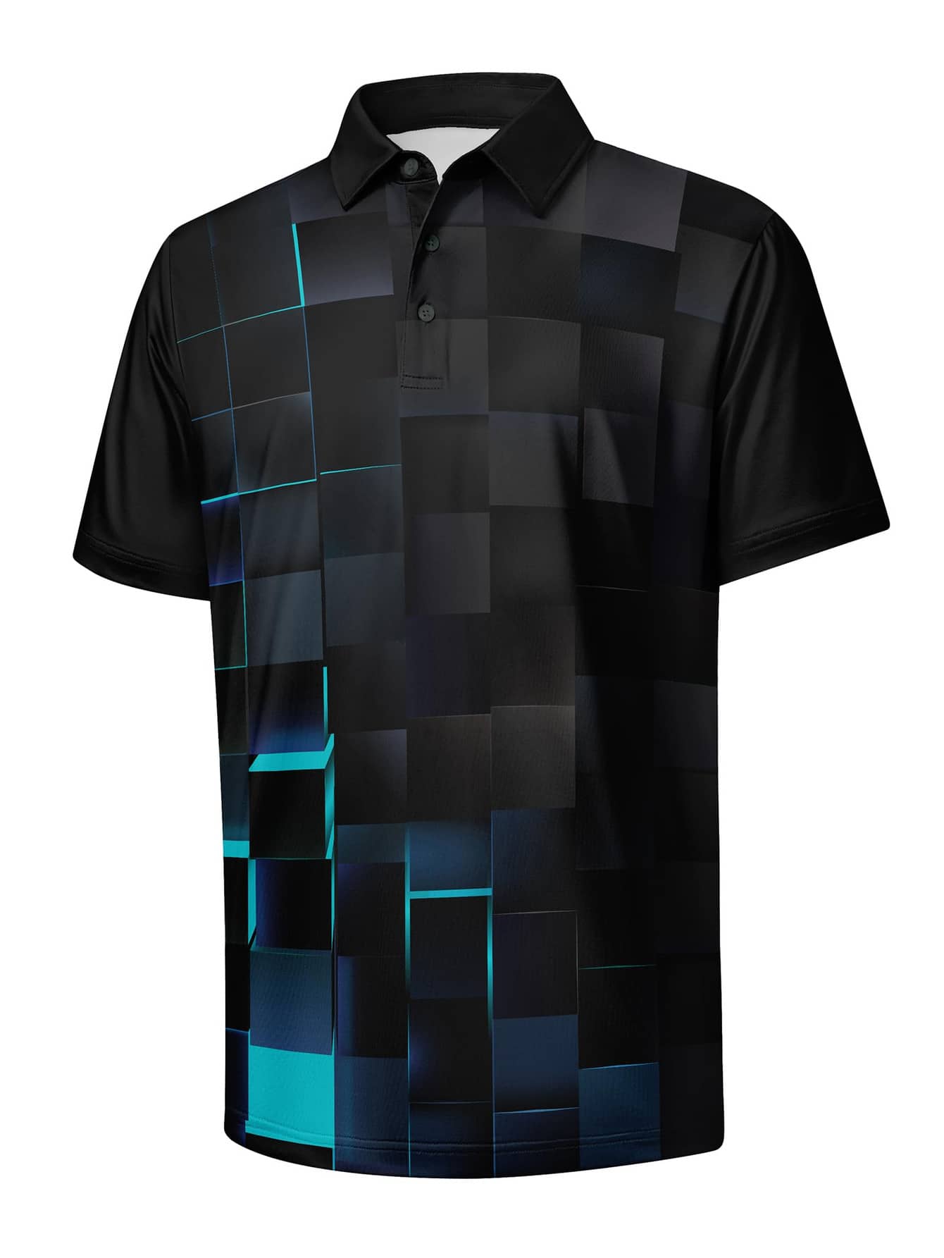 Polo Shirt Pique - เสื้อโปโลผู้ชายทรงคลาสสิก สีฟ้าซีอาน ลายสี่เหลี่ยม ผ้าถักปิเก้ ให้สัมผัสเหมือนผ้าฝ้าย ติดกระดุมสามเม็ด