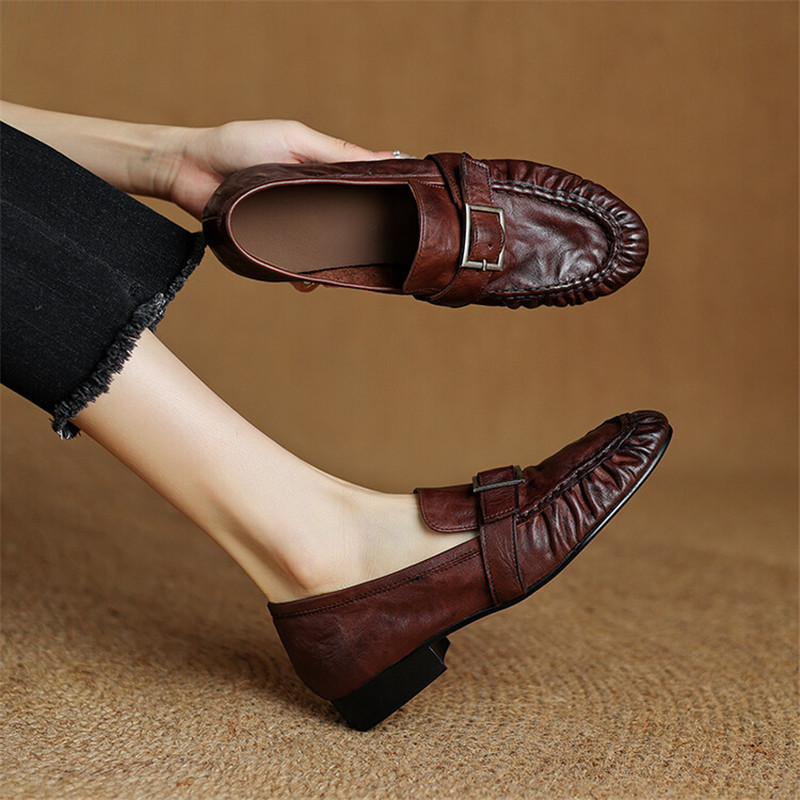 Casual Sandal Leather - รองเท้าส้นเตี้ยสำหรับผู้หญิง, ใหม่ฤดูใบไม้ร่วงรองเท้าหนังแท้สตรีรองเท้าบูทหุ้มข้อจีบรอบส้นหนารองเท้าโลฟเฟอร์ผู้หญิง