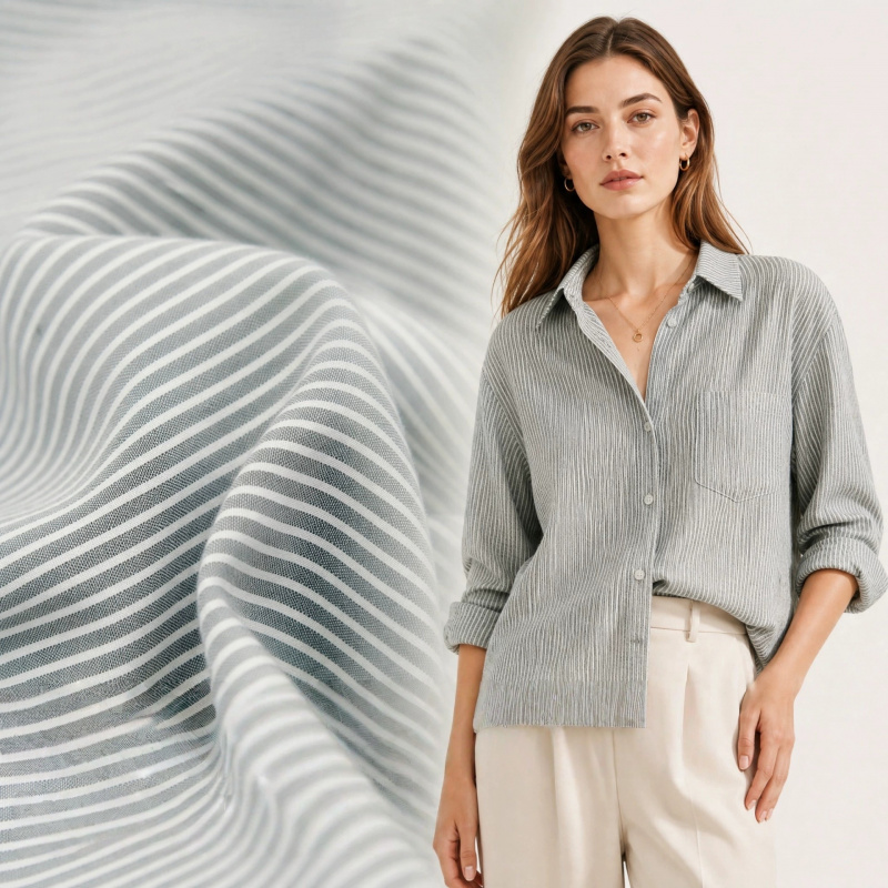 Linen Shirt Breathable - ผ้าฝ้ายผสมลินินลายทางสีเทา-ขาวสไตล์ญี่ปุ่น ระบายอากาศได้ดี เหมาะสำหรับทำผ้าปูโต๊ะ ชุดเดรส เสื้อเชิ้ต กางเกง