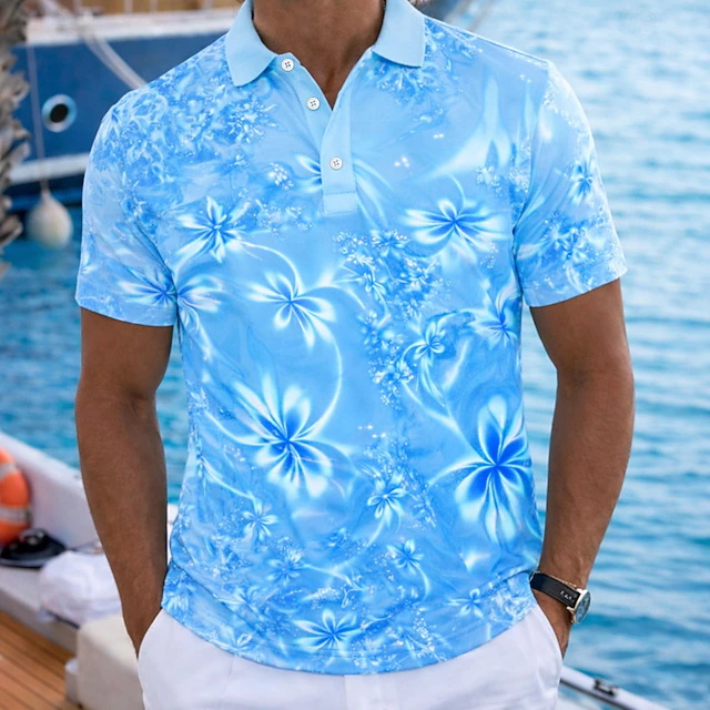 Resort Shirt Floral - เสื้อโปโลผู้ชายลายดอกไม้สีเขียวนีออนสไตล์รีสอร์ทฤดูร้อน 2026 คอปก แขนสั้น เหมาะสำหรับงานปาร์ตี้ริมทะเล วันหยุดพักผ่อน