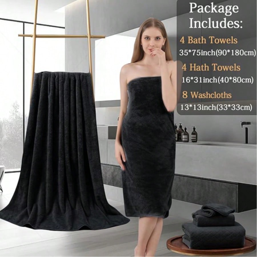 Beach Towel Large - ชุดผ้าขนหนูอาบน้ำขนาดใหญ่พิเศษ ชุดผ้าขนหนูอาบน้ำหรูหราทันสมัย สีเทาเข้ม ผ้าทอเนื้อนุ่ม 8 ชิ้น