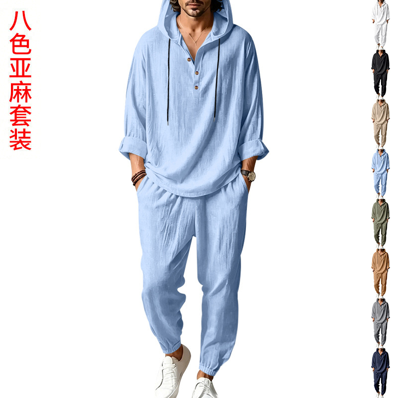 Short Linen Drawstring - ชุดเซ็ตผ้าลินินฤดูร้อนสำหรับผู้ชาย 2 ชิ้น เสื้อฮู้ดแขนสั้นแบบเฮนลีย์และกางเกงขายาว ทรงหลวม ระบายอากาศได้ดี