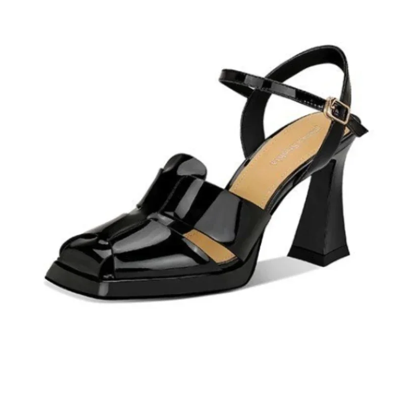 Casual Sandal Leather - รองเท้าส้นสูงแบบรัดส้นผู้หญิง แฟชั่นหนังแก้ว สไตล์โรมัน เซ็กซี่ โปร่ง ดีไซน์เก๋