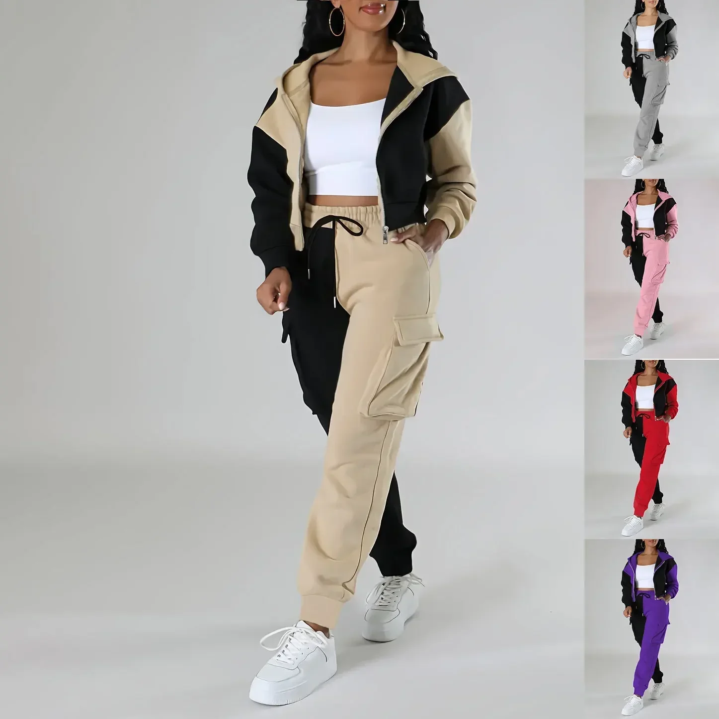 Short Linen Drawstring - ผู้หญิงหลวมฤดูใบไม้ร่วงฤดูหนาว 2 ชิ้นชุดการจับคู่ชุดHoodie Blocked Zipperสั้นOuterwear Drawstring