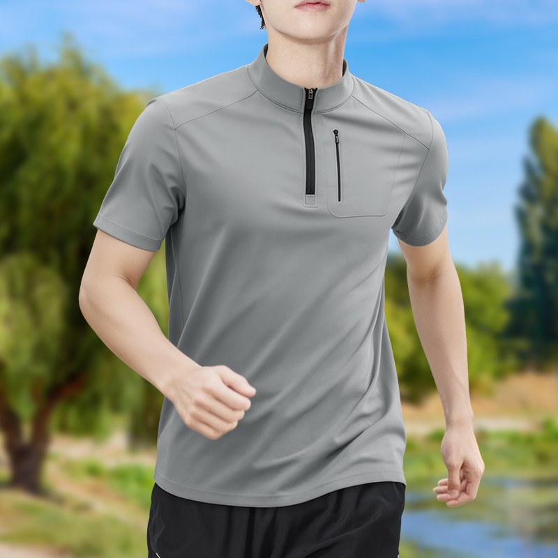 Shirt Camp Collar - เสื้อยืดแขนสั้นผู้ชายแบบซิปครึ่งตัว ยืดหยุ่นสูง แห้งเร็ว ระบายอากาศได้ดี เหมาะสำหรับกีฬากลางแจ้ง วิ่ง