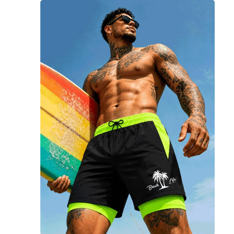 Trunks Board Surf - กางเกงว่ายน้ำผู้ชายพิมพ์ลายต้นปาล์มแห้งเร็วกางเกงขาสั้นสำหรับเล่นเซิร์ฟเชือกผูกยางยืดกางเกงขาสั้นว่ายน้ำชายหาด