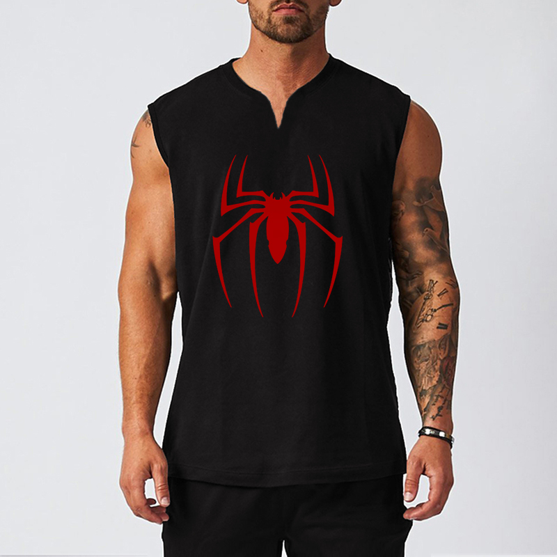 Tank Top Muscle - เสื้อกล้ามออกกำลังกายคอวีแขนกุดพิมพ์ลายแมงมุมสีแดงเสื้อยืดออกกำลังกายออกกำลังกายเล่นกีฬาแขนกุดผ้าฝ้ายระบายอากาศได้สำหรับผู้ชาย
