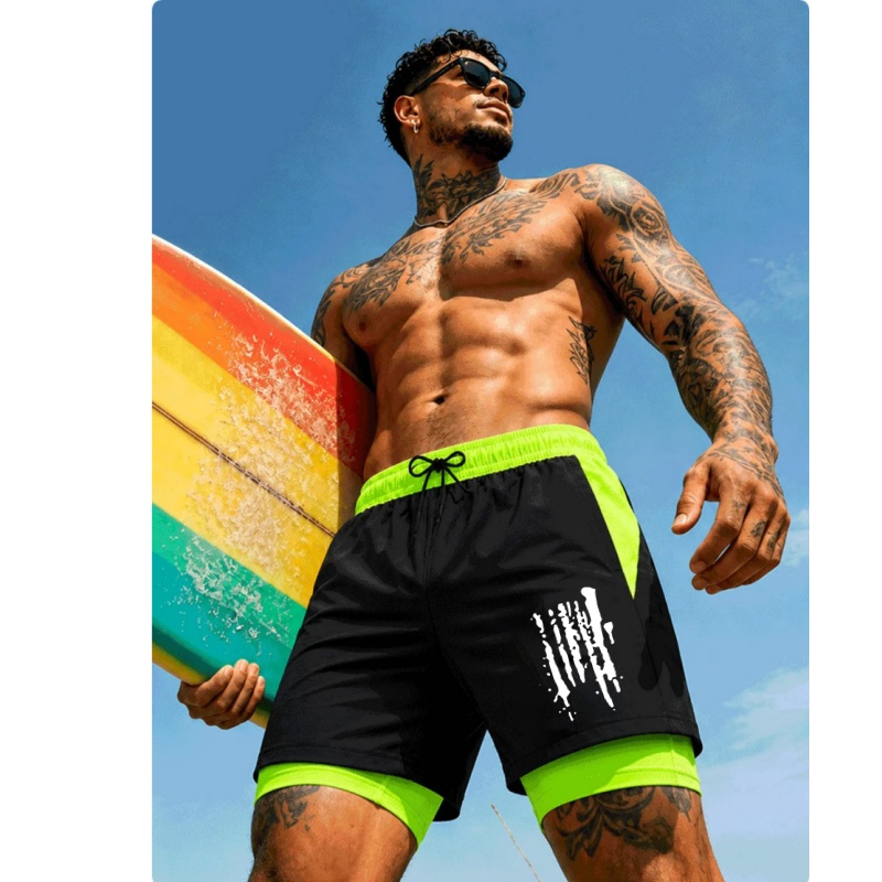 Trunks Board Surf - กางเกงว่ายน้ำชายแบบสองชั้น แห้งเร็ว สำหรับเล่นเซิร์ฟ พร้อมเชือกผูกเอวยางยืด เหมาะสำหรับออกกำลังกายชายหาดและว่ายน้ำ
