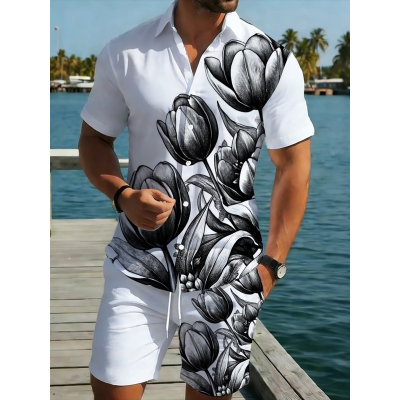 Resort Shirt Floral - ชุดเสื้อเชิ้ตและกางเกงขาสั้นลายดอกไม้สีขาวสำหรับผู้ชาย ชุดชายหาดน้ำหนักเบาพร้อมกางเกงเข้าชุด เหมาะสำหรับวันหยุดพักผ่อน รีสอร์ท ปาร์ตี้ริมสระน้ำ ฤดูร้อน