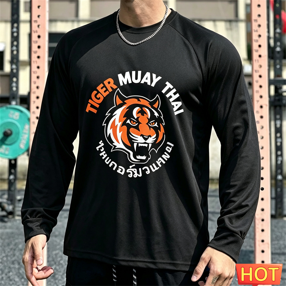 Tee Graphic Print - เสื้อยืดแขนยาวผู้ชายสำหรับมวยไทย เสื้อยืดผ้าฝ้ายผู้ชายสำหรับฤดูใบไม้ร่วง เสื้อยืดฟิตเนสแบบยืดหยุ่น เสื้อยืดลายกราฟิกสำหรับการฝึกซ้อม เสื้อยืดสำหรับวิ่ง
