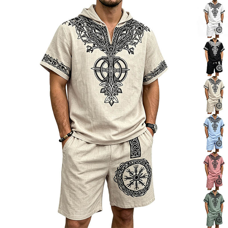 Short Linen Drawstring - ชุดฤดูร้อน 2 ชิ้น เสื้อฮู้ดแขนสั้นพิมพ์ลายต้นไม้สไตล์ไวกิ้งผ้าลินินสำหรับผู้ชาย พร้อมกางเกงขาสั้นผูกเชือก