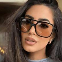 Sunglasses Aviator Polarized - แว่นกันแดดทรงสี่เหลี่ยมสไตล์นักบินแบบสองบริดจ์สีดำ เลนส์ป้องกันรังสียูวีไล่เฉดสีส้ม แว่นกันแดดแฟชั่นแนวสตรีทสไตล์เรโทรขนาดใหญ่สำหรับผู้หญิง