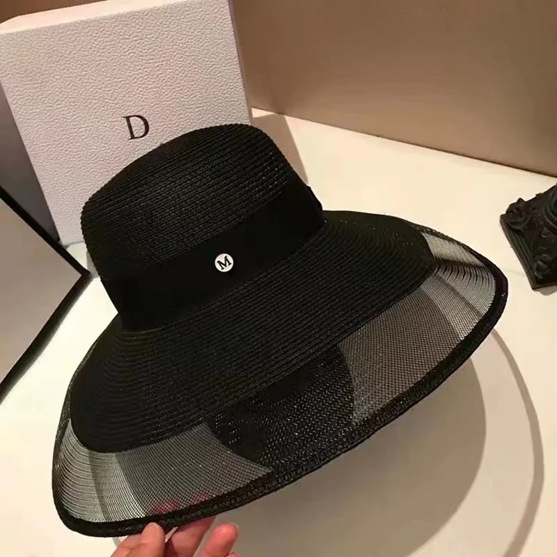 Bucket Hat Straw - หมวกกันแดดฟางพับได้ UPF 50+ ของผู้หญิง - หมวกปีกกว้างป้องกันรังสียูวีถังชายหาดหมวกปานามาน้ําหนักเบาและดีไซน์ตาข่าย