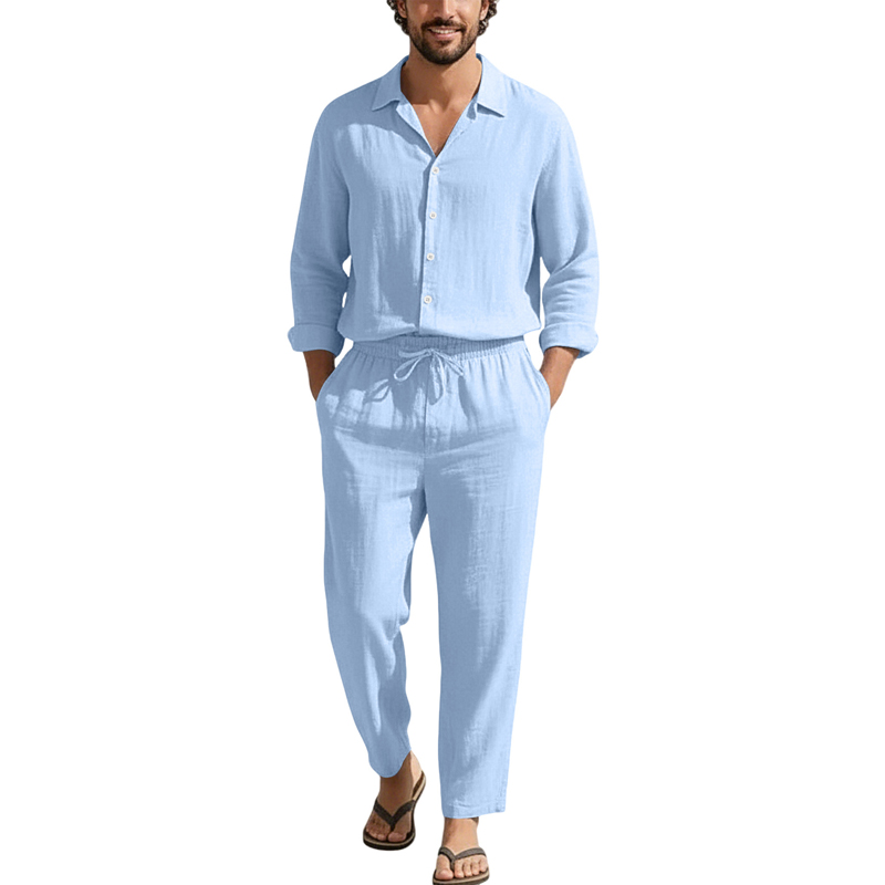 Linen Shirt Breathable - ชุดลำลองผ้าลินินสำหรับฤดูใบไม้ผลิและฤดูร้อน เสื้อแขนยาวทรงหลวม+กางเกงขายาว สีพื้น ระบายอากาศได้ดี ปกคอเสื้อพับได้ ชุดแฟชั่น