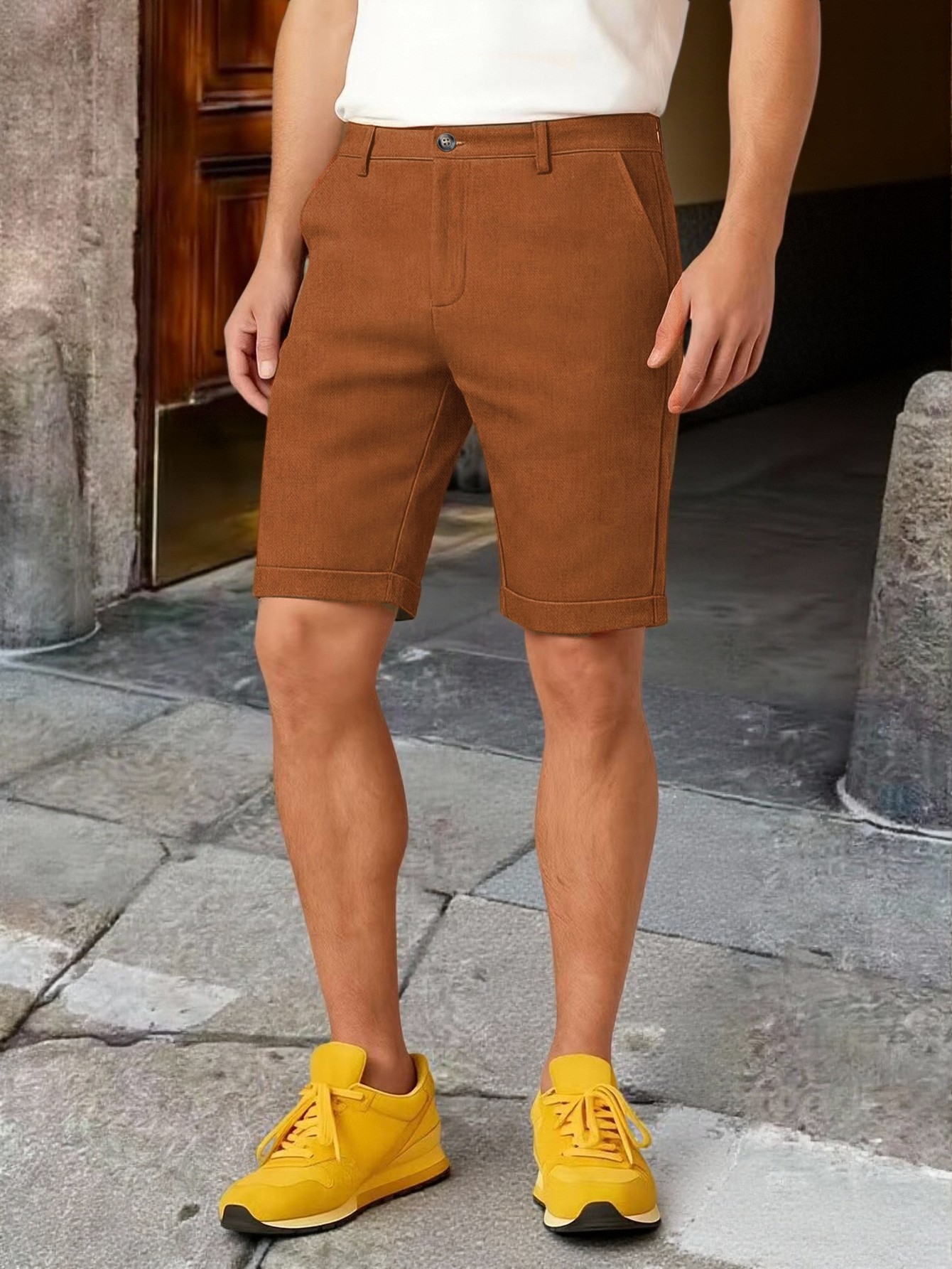 กางเกงขาสั้นชิโน่ชาย ขอบขาจั๊ม - Shorts Chino Slim บทวิจารณ์และราคา