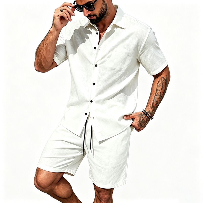 ชุดเซ็ตผ้าลินินสองชิ้นสำหรับผู - Linen Shirt Breathable บทวิจารณ์และราคา