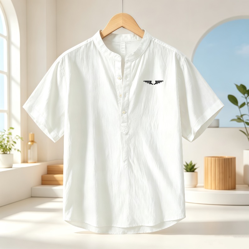 เสื้อเชิ้ตแขนสั้นคอเฮนลีย์ผ้าฝ - Linen Shirt Breathable บทวิจารณ์และราคา