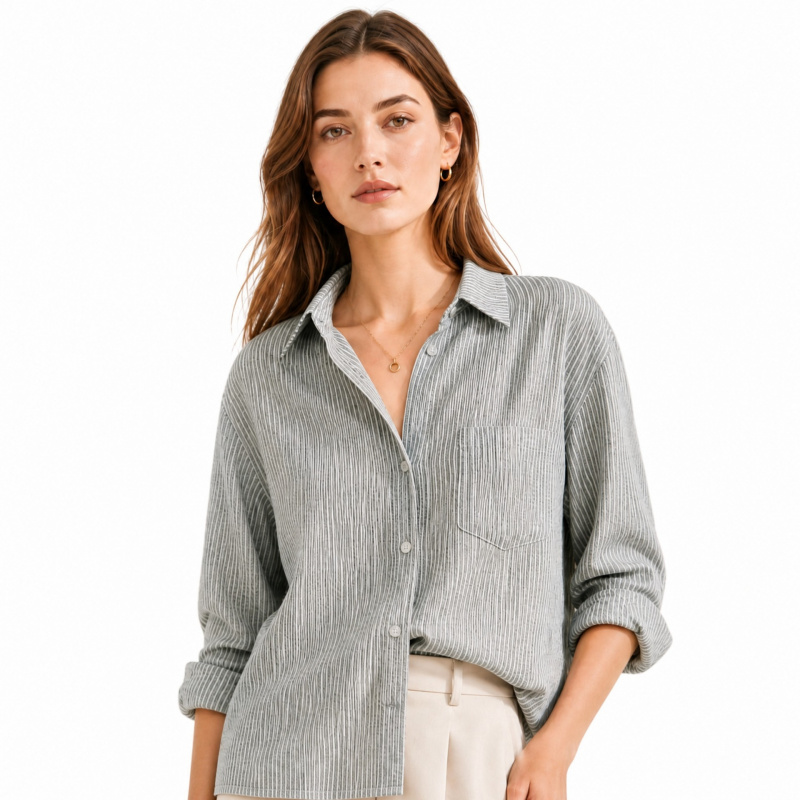 ผ้าฝ้ายผสมลินินลายทางสีเทา-ขาว - Linen Shirt Breathable บทวิจารณ์และราคา